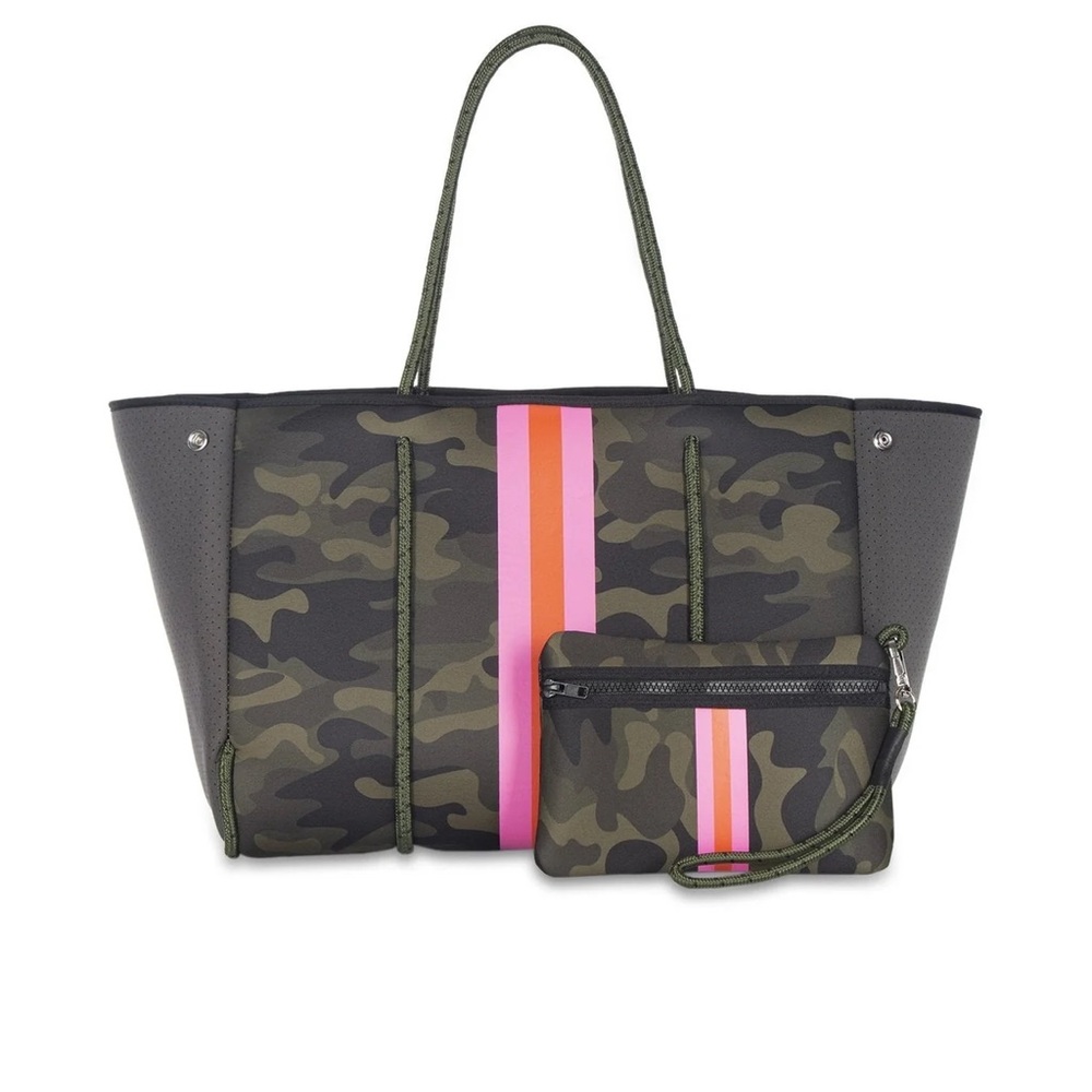 HAUTE SHORE Camouflage Tote with Pink Stripes